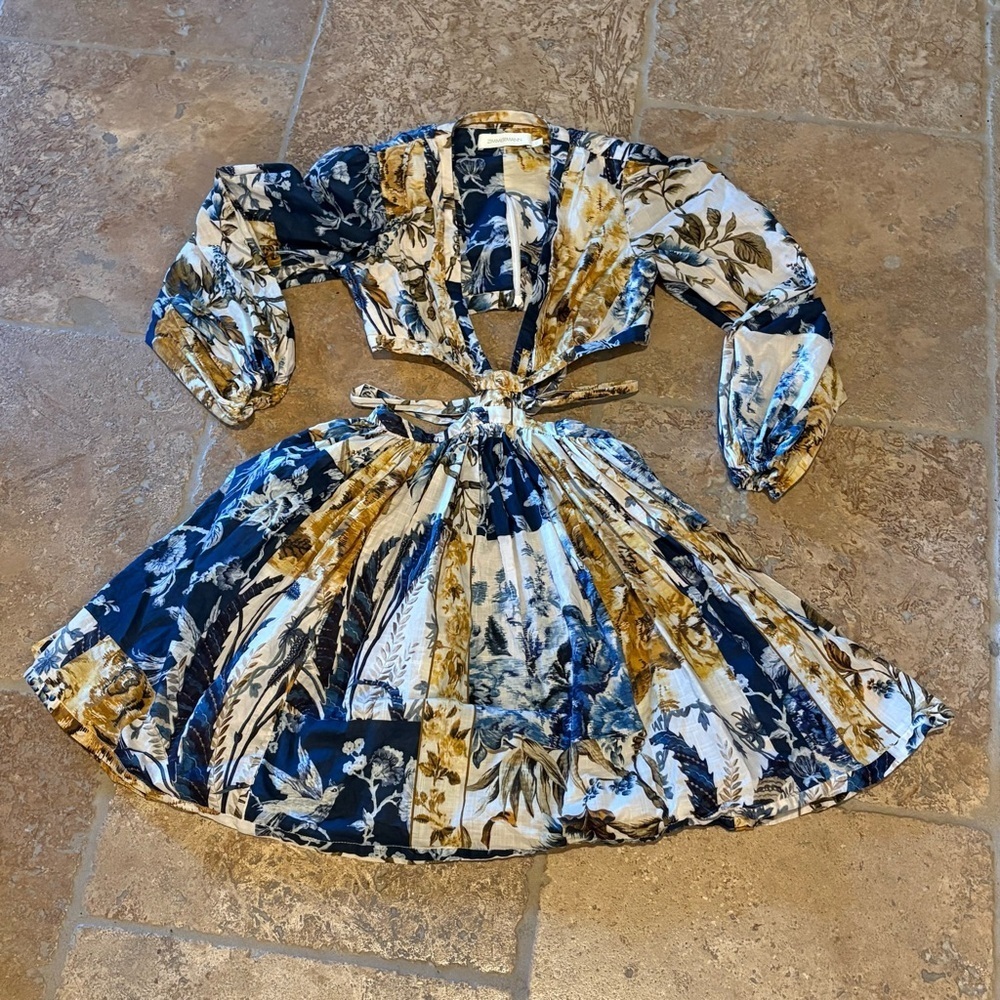 ZIMMERMAN Aliane Cut Out Patchwork Floral Short Dress Size 0